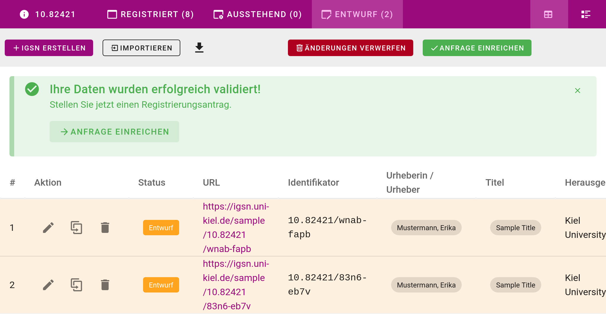 Das IGSN-Metadatenformular ist gültig.