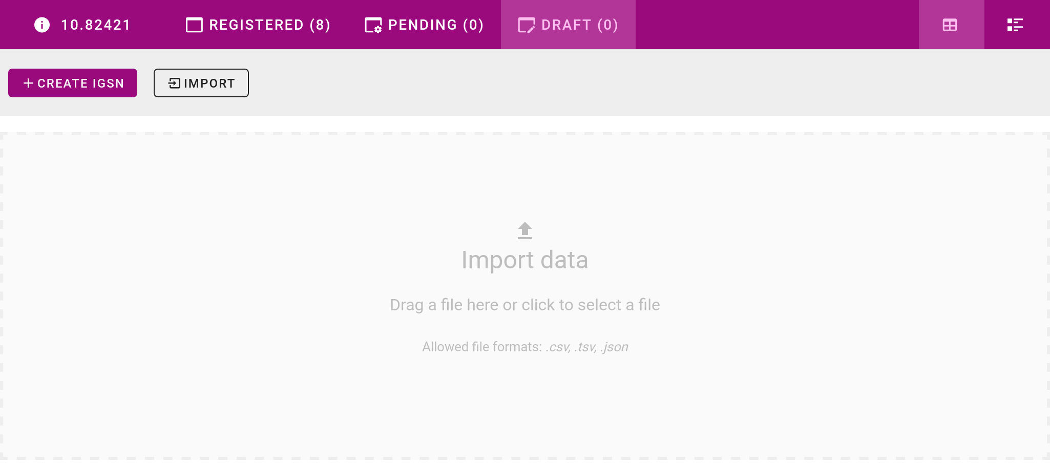 Draft view of IGSN manager.