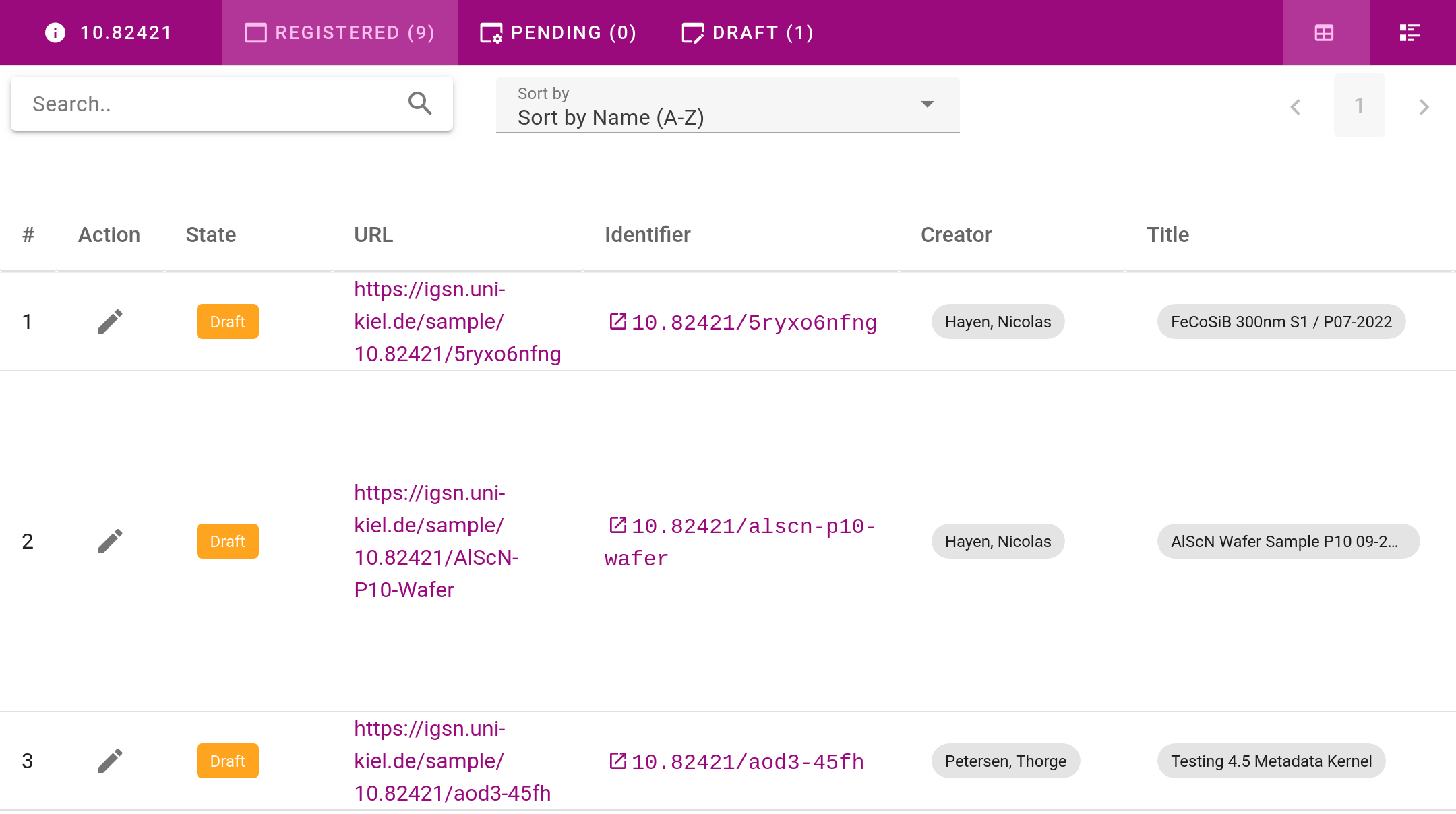 IGSN Manager registered view